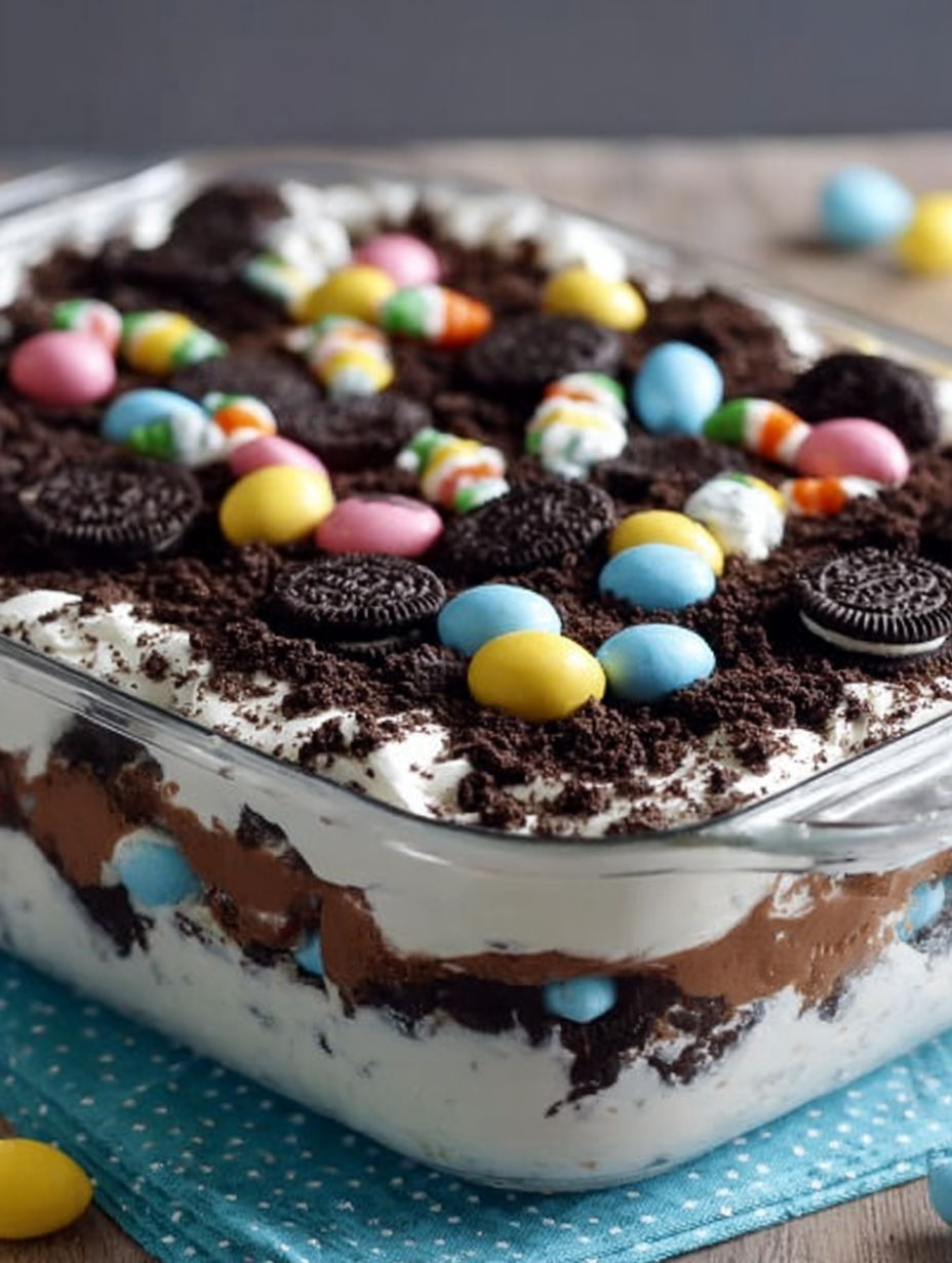 A cake with chocolate, Oreo cookies, and candy.