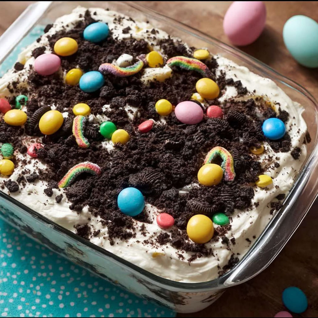 A dish with a cake and candies on top.