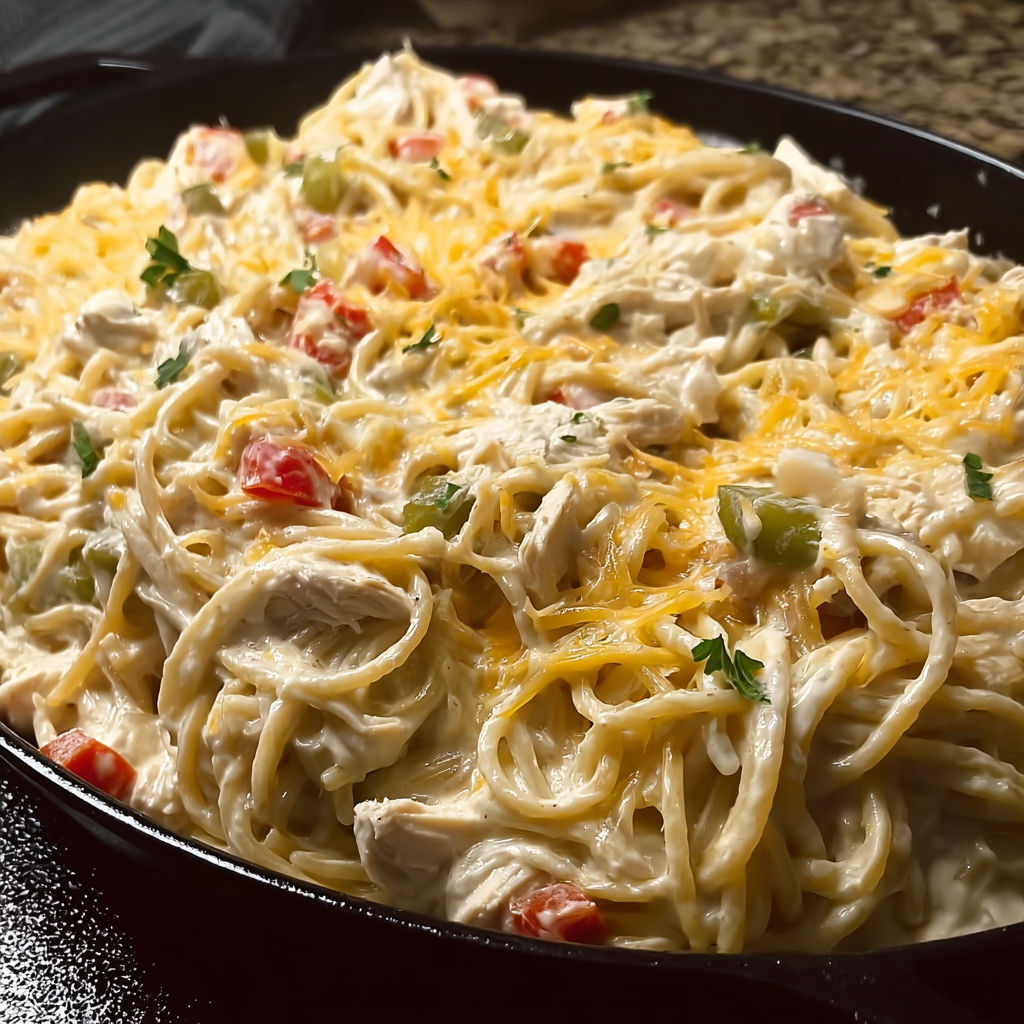 A delicious chicken spaghetti dish.