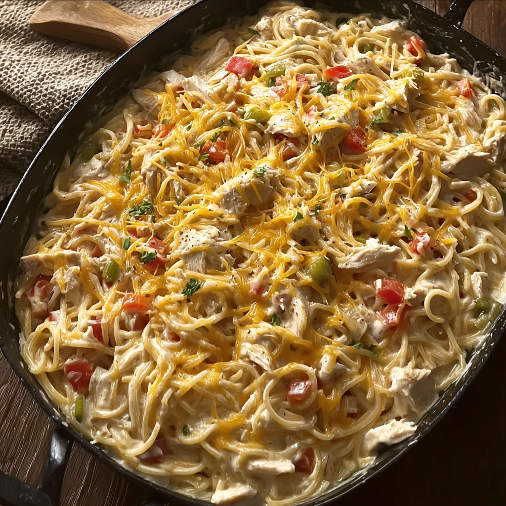 A delicious chicken spaghetti dish.