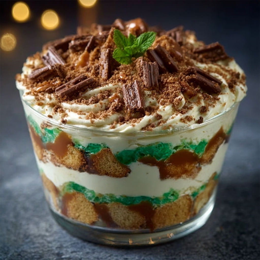 A glass bowl filled with a dessert that includes crushed cookies, whipped cream, and a mint leaf.