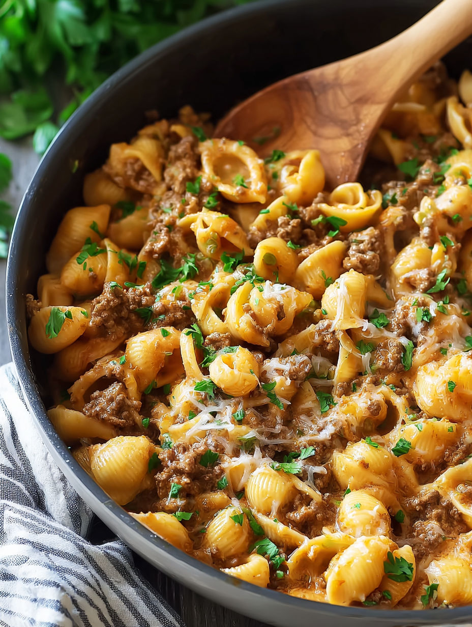 A one-pot creamy beef and shells dish.