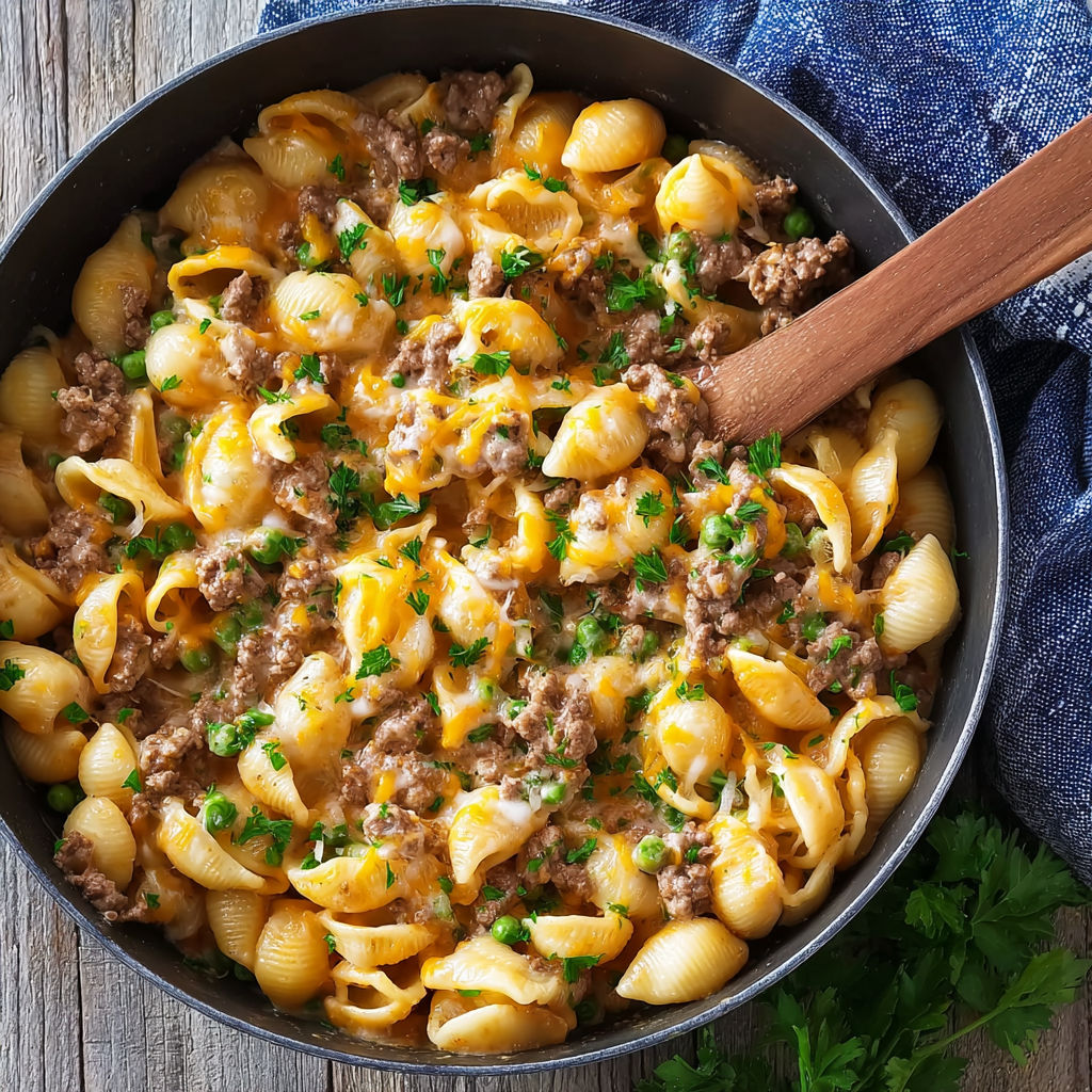 A one-pot creamy beef and shells dish.