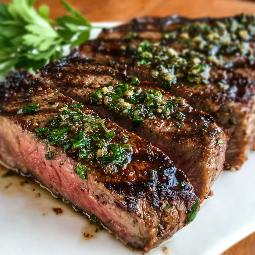 A marinated steak on a plate.