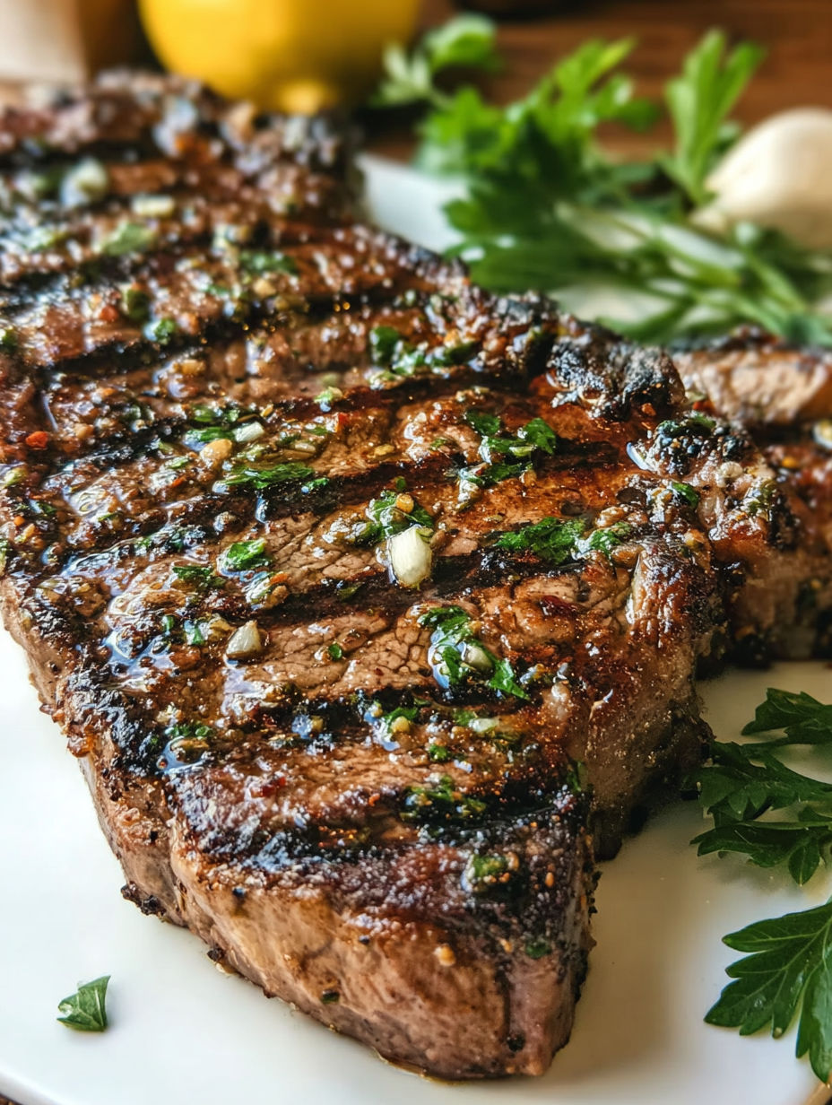 A close up of a steak with herbs and spices on it.