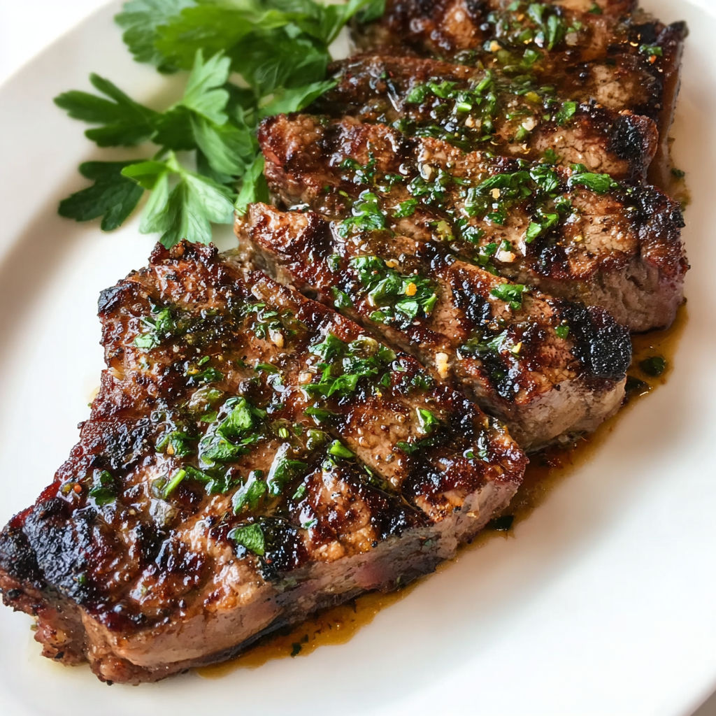 A plate of steak with a marinade on it.