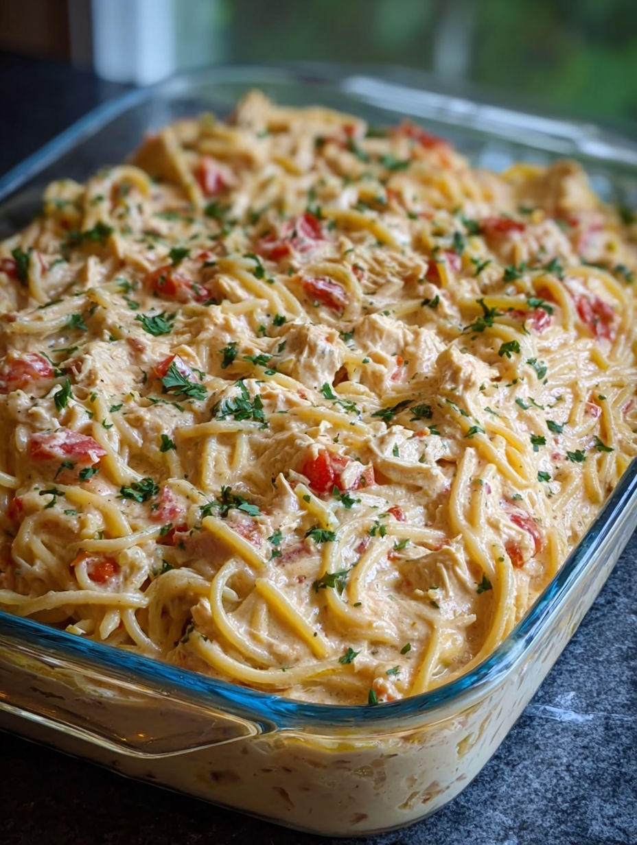 A casserole dish filled with chicken and spaghetti.