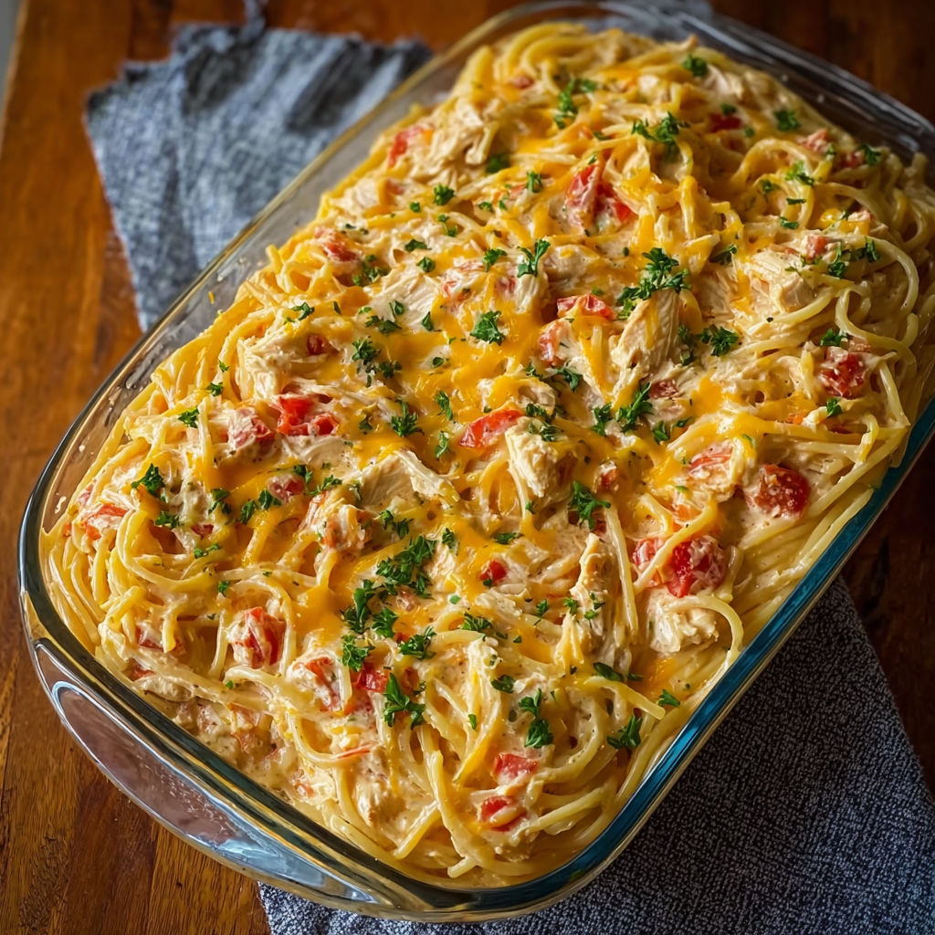 A creamy rotel chicken spaghetti casserole.