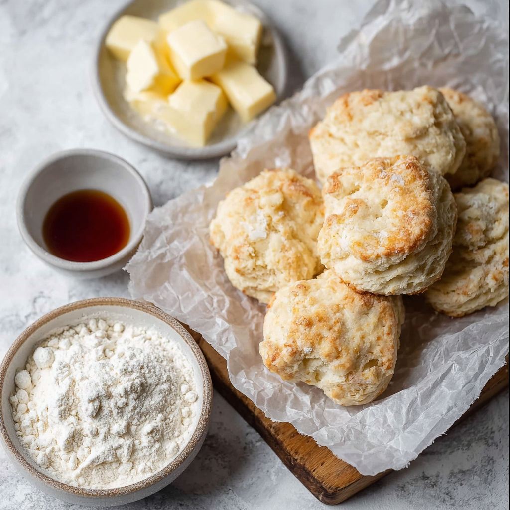 A small batch of biscuits with butter and flour.