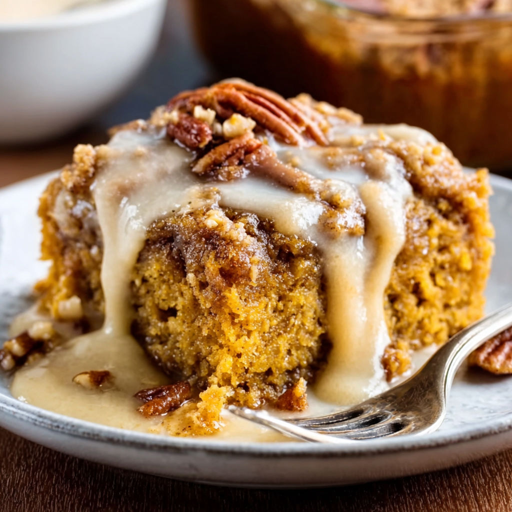 A slice of pumpkin oatmeal dump cake.