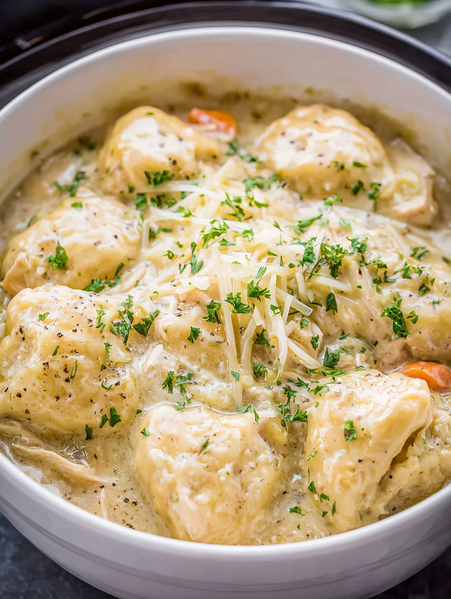 A bowl of chicken and dumplings.