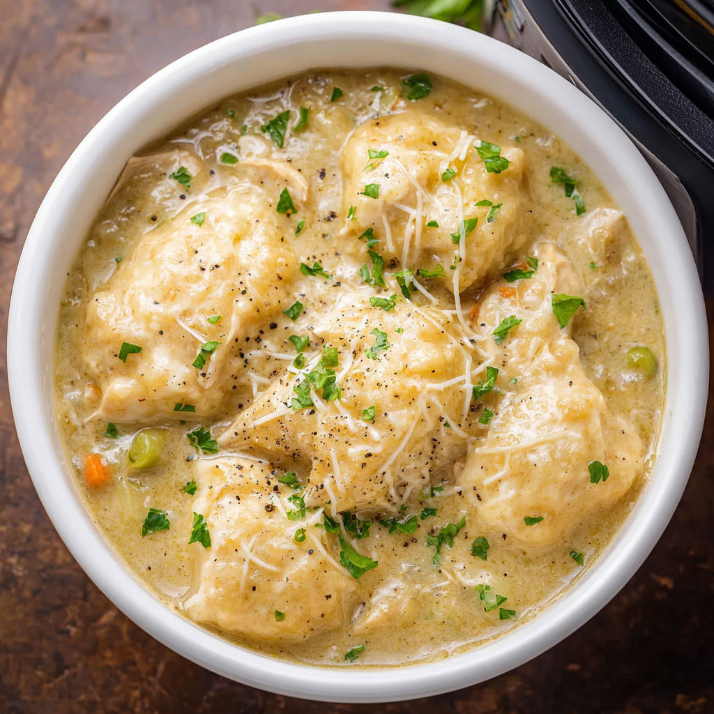 A bowl of chicken and dumplings.