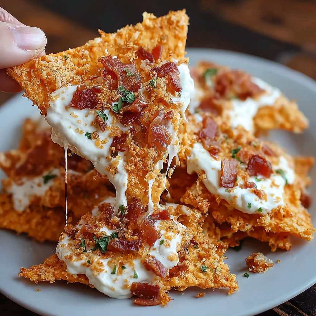 A person is holding a piece of bacon and cheese stuffed Doritos.