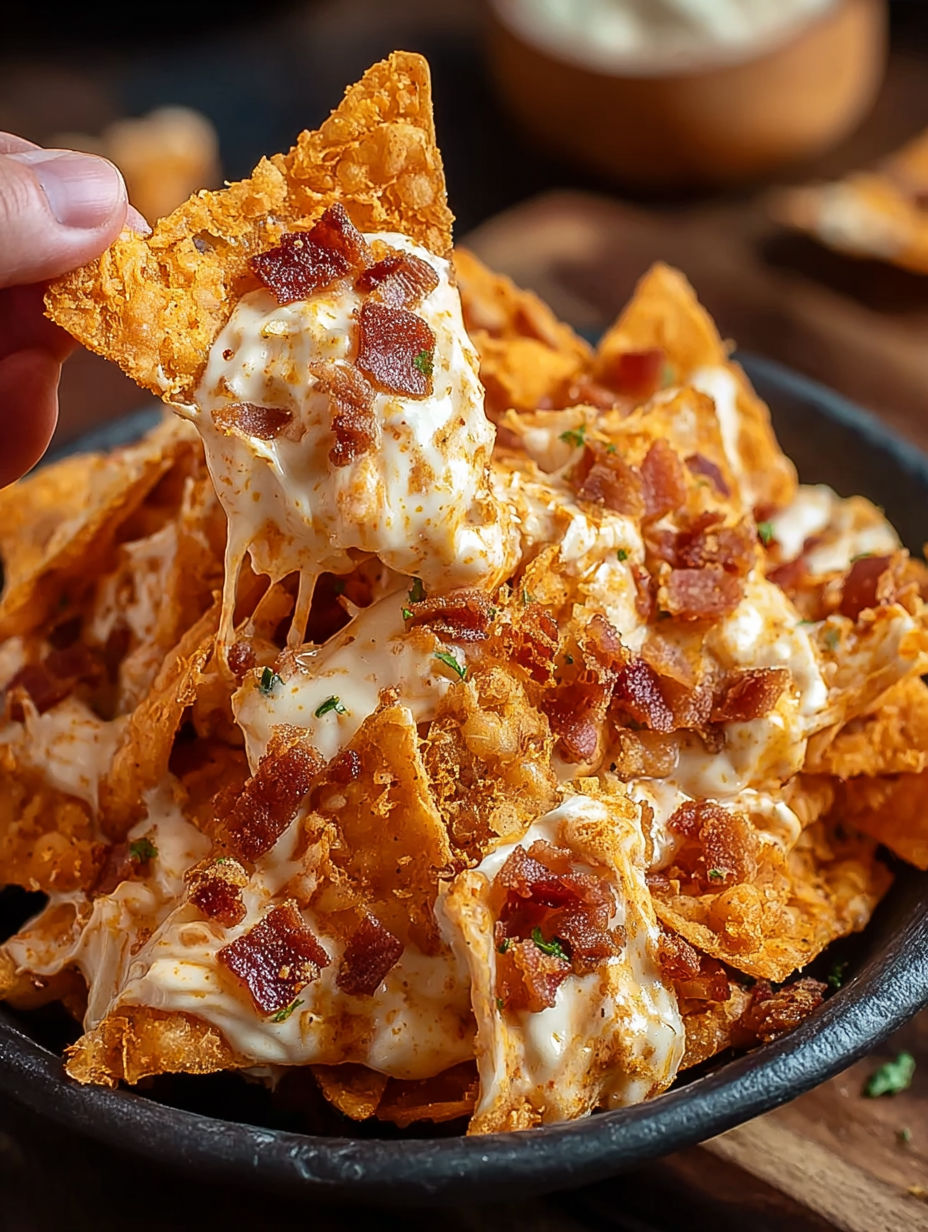 A hand holding a piece of cream cheese and bacon stuffed Doritos.