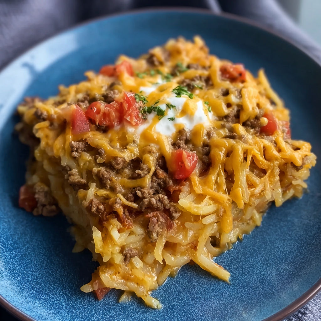 A blue plate with a taco potato casserole on it.