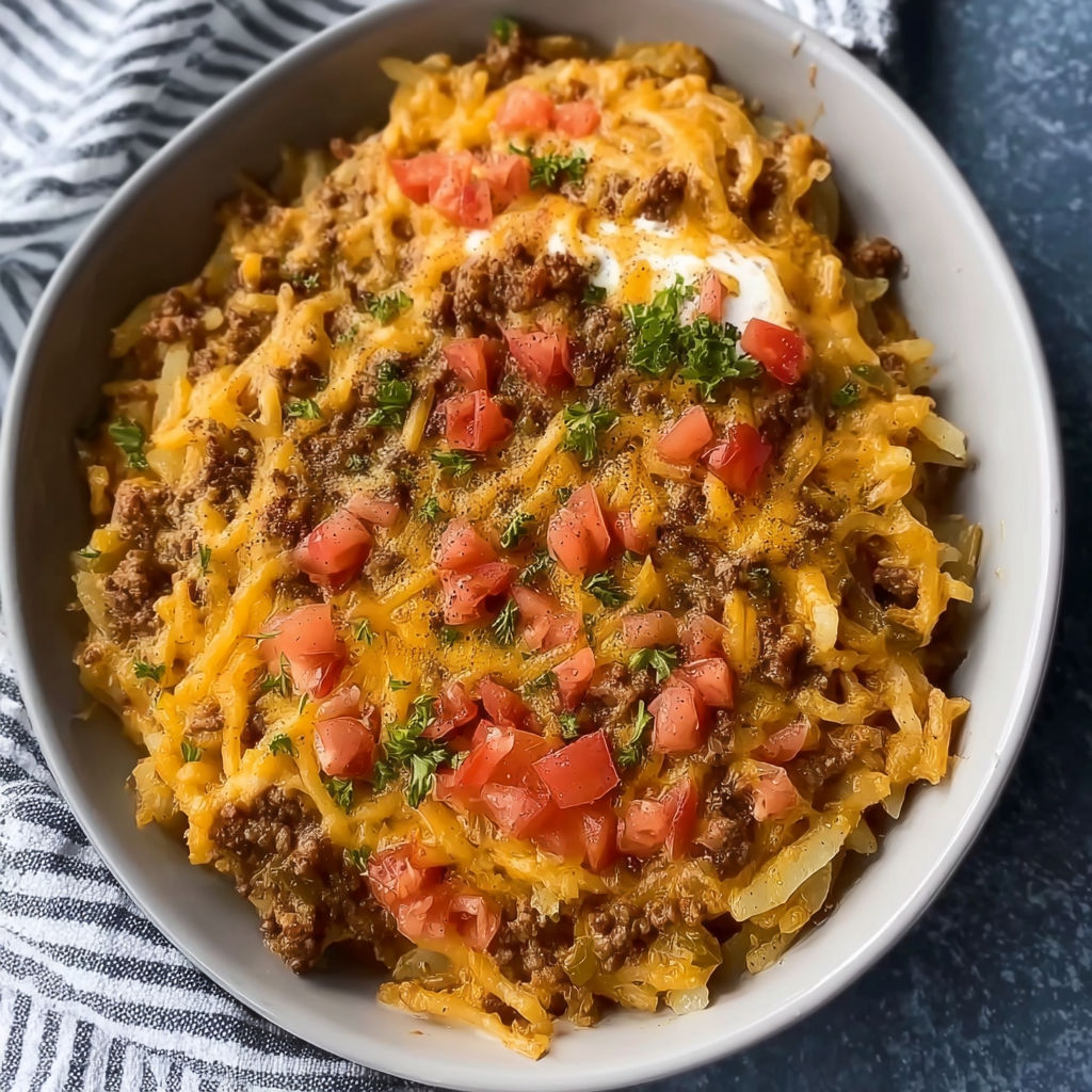 A bowl of taco potato casserole with tomatoes and cheese.
