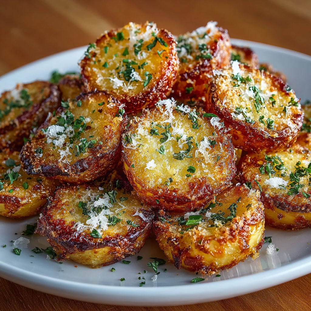 A plate of mini pizzas with cheese and herbs.