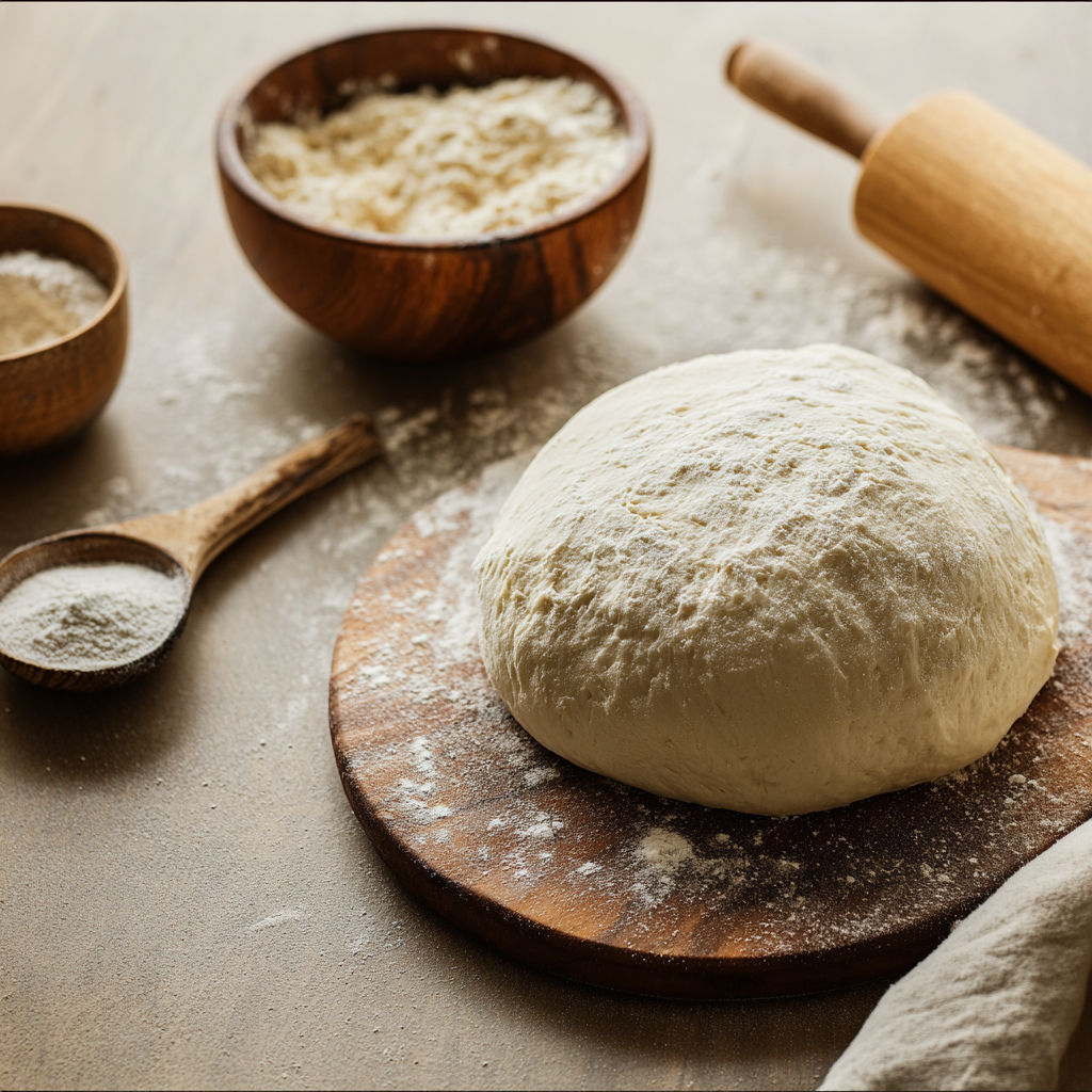 A wooden bowl with flour in it.
