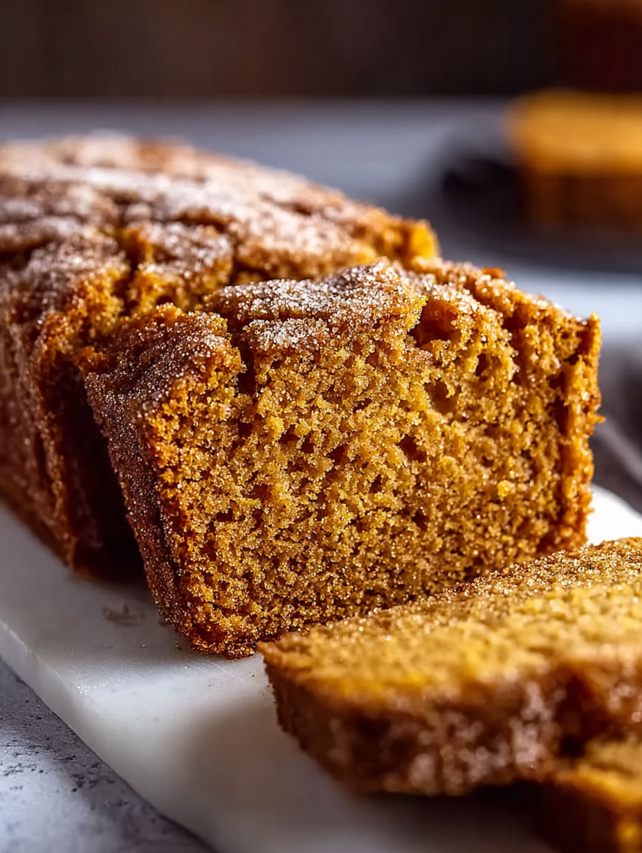 A slice of pumpkin bread on a white plate.