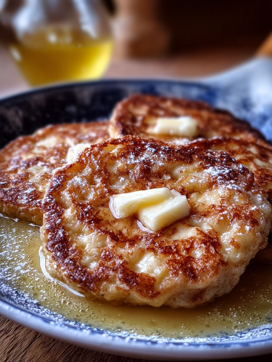 A plate of pancakes with butter and syrup on top.