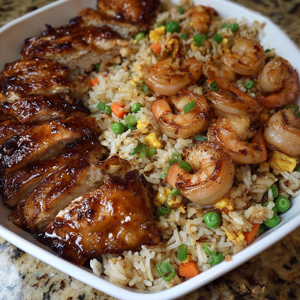 A plate of food with chicken and shrimp on top of rice.