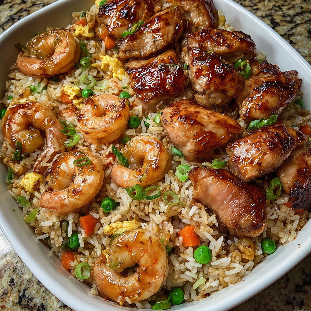 A bowl of rice with shrimp and chicken.