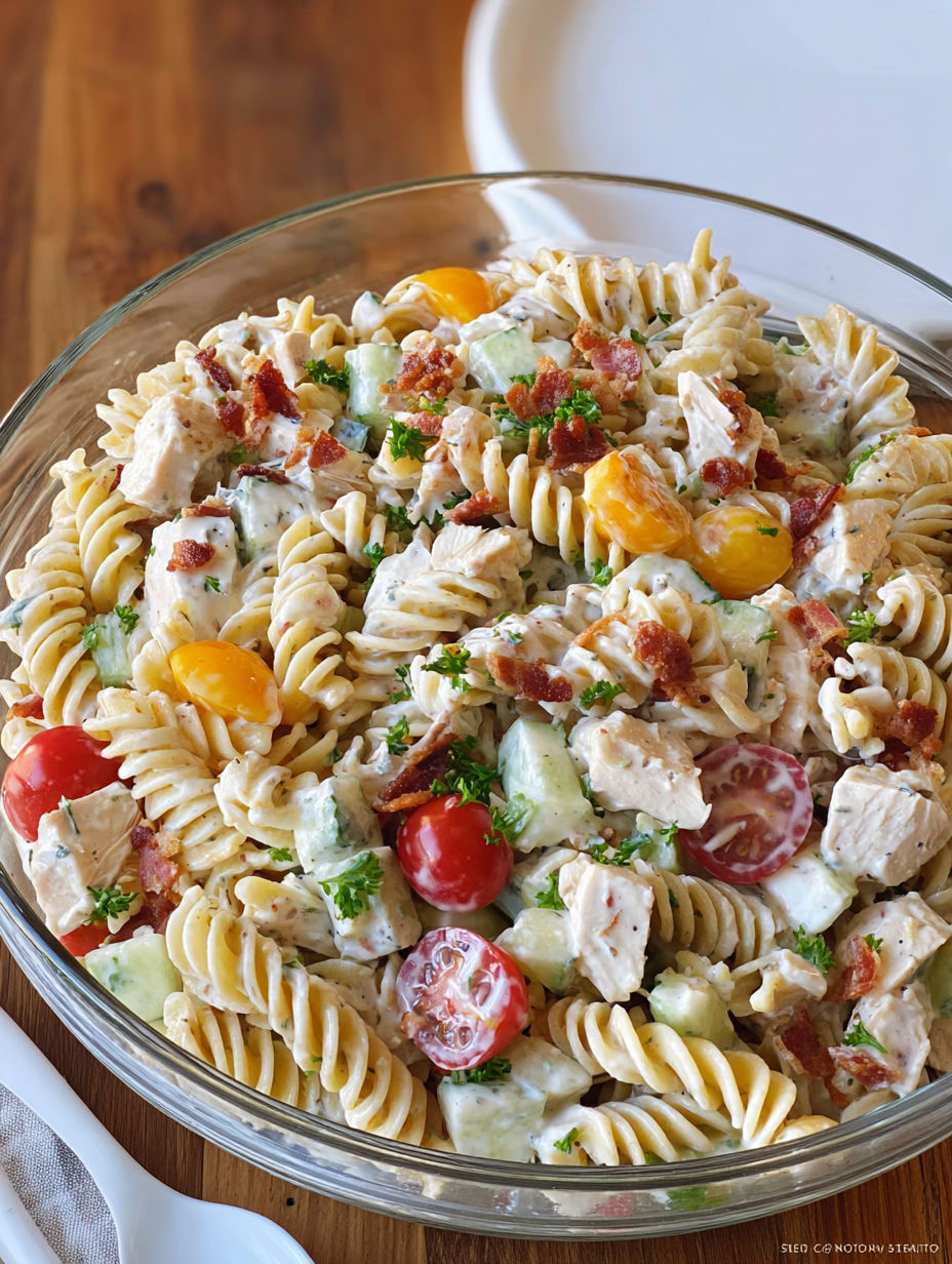 A bowl of chicken bacon ranch pasta salad.