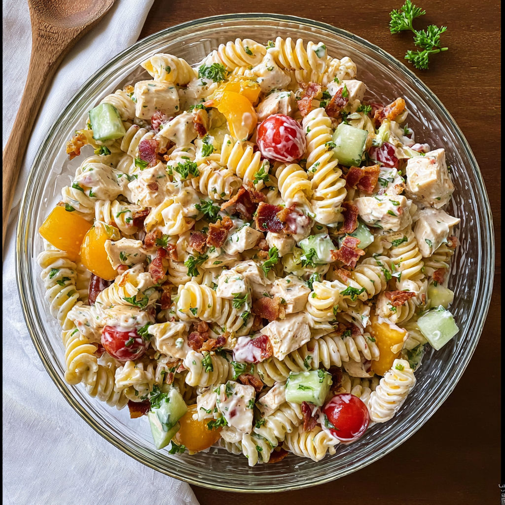 A bowl of chicken bacon ranch pasta salad.