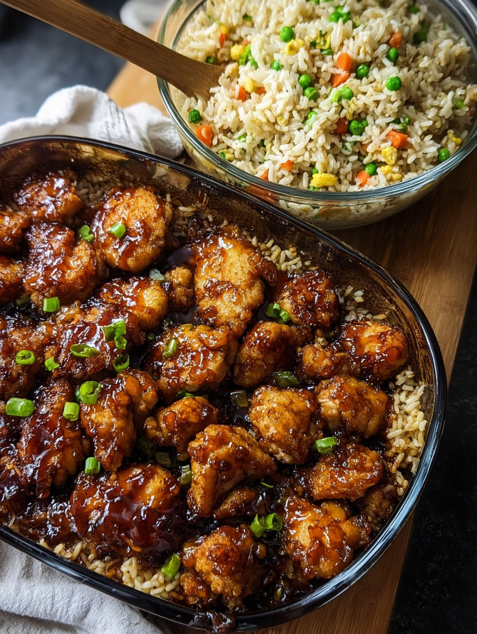 A plate of chicken with sauce and rice.