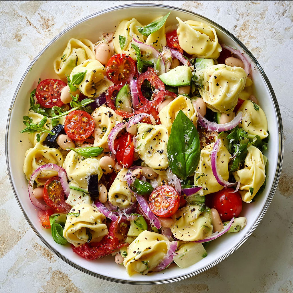 A bowl of pasta salad with tomatoes, onions, and beans.