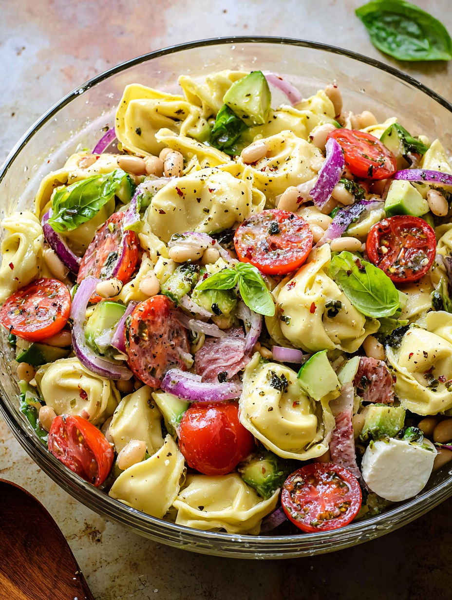 A bowl of pasta salad with tomatoes, onions, beans, and cheese.