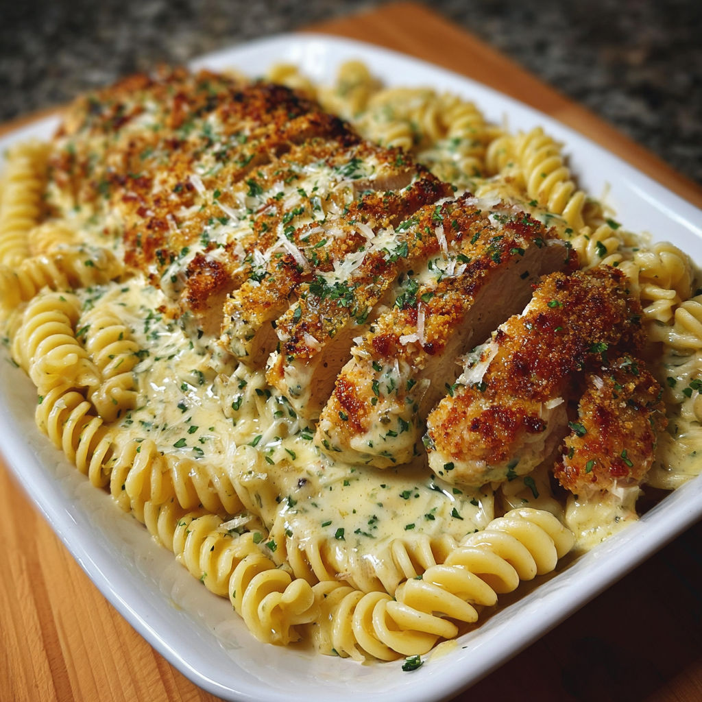 A plate of baked chicken with creamy garlic parmesan rotini.