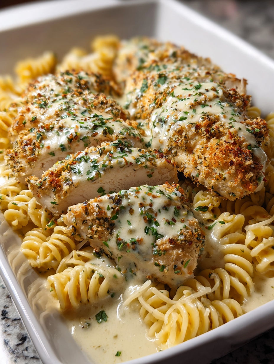 A dish of chicken with creamy garlic parmesan rotini.