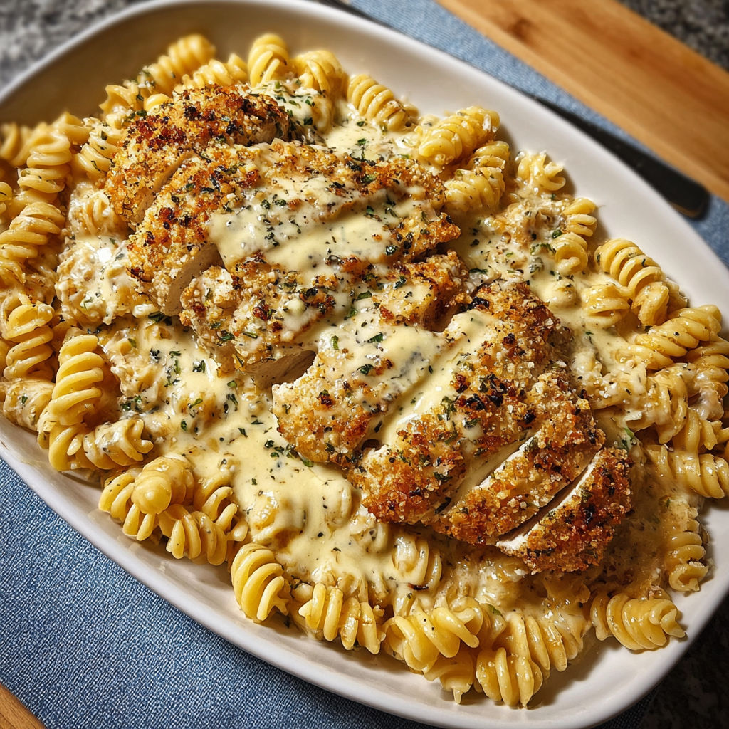 A plate of baked chicken with creamy garlic parmesan rotini.