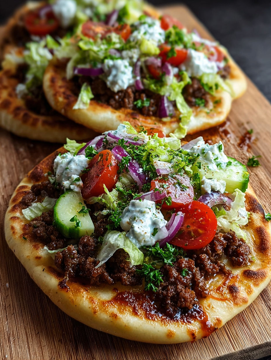 A flatbread with garlic hot honey feta cream and meat.