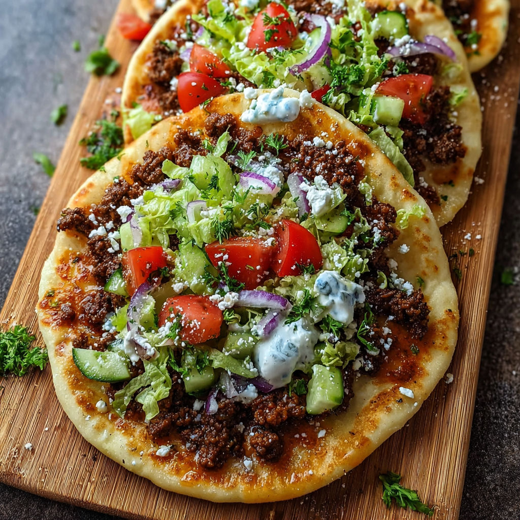 A flatbread with meat, tomatoes, and feta cheese.