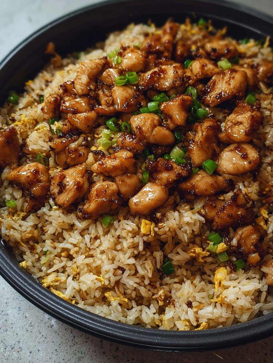 A plate of rice with chicken and vegetables.