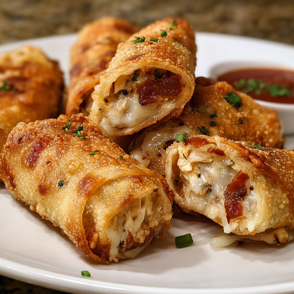 A plate of bacon chicken garlic Parmesan egg rolls.