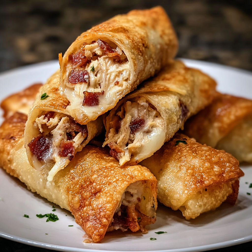 Bacon chicken garlic Parmesan egg rolls.