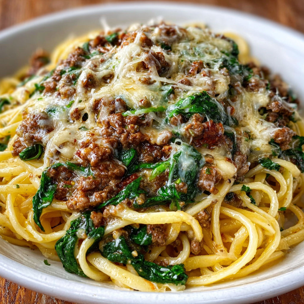 A bowl of pasta with meat and cheese.