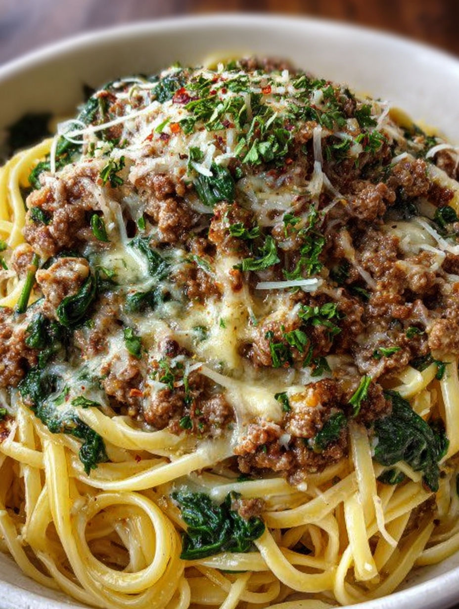 A plate of pasta with meat and cheese.