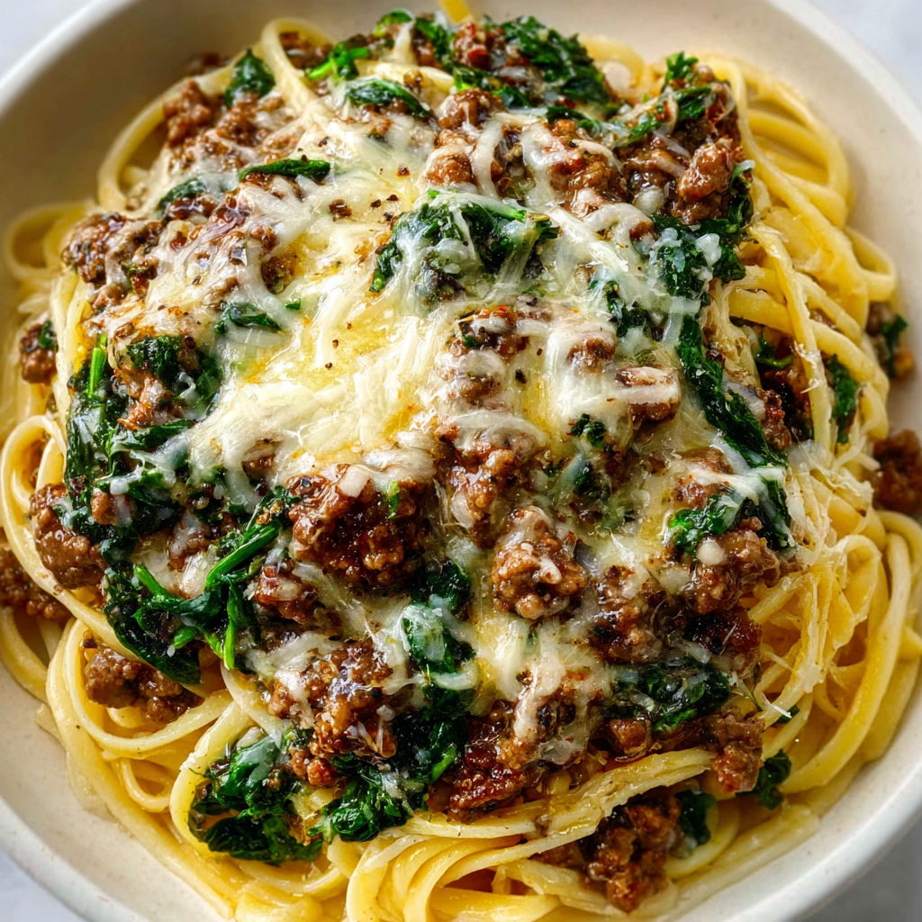 A bowl of garlic butter linguine with cheesy beef and Italian sausage.