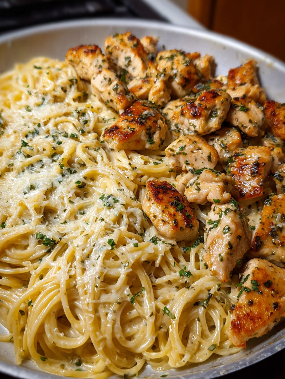A plate of spaghetti with chicken and cheese.