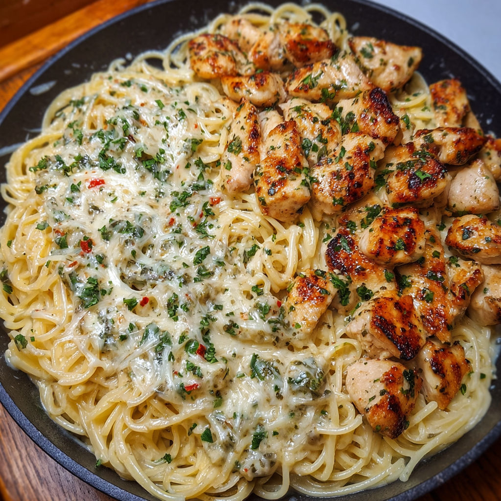 A plate of spaghetti with chicken and cheese.