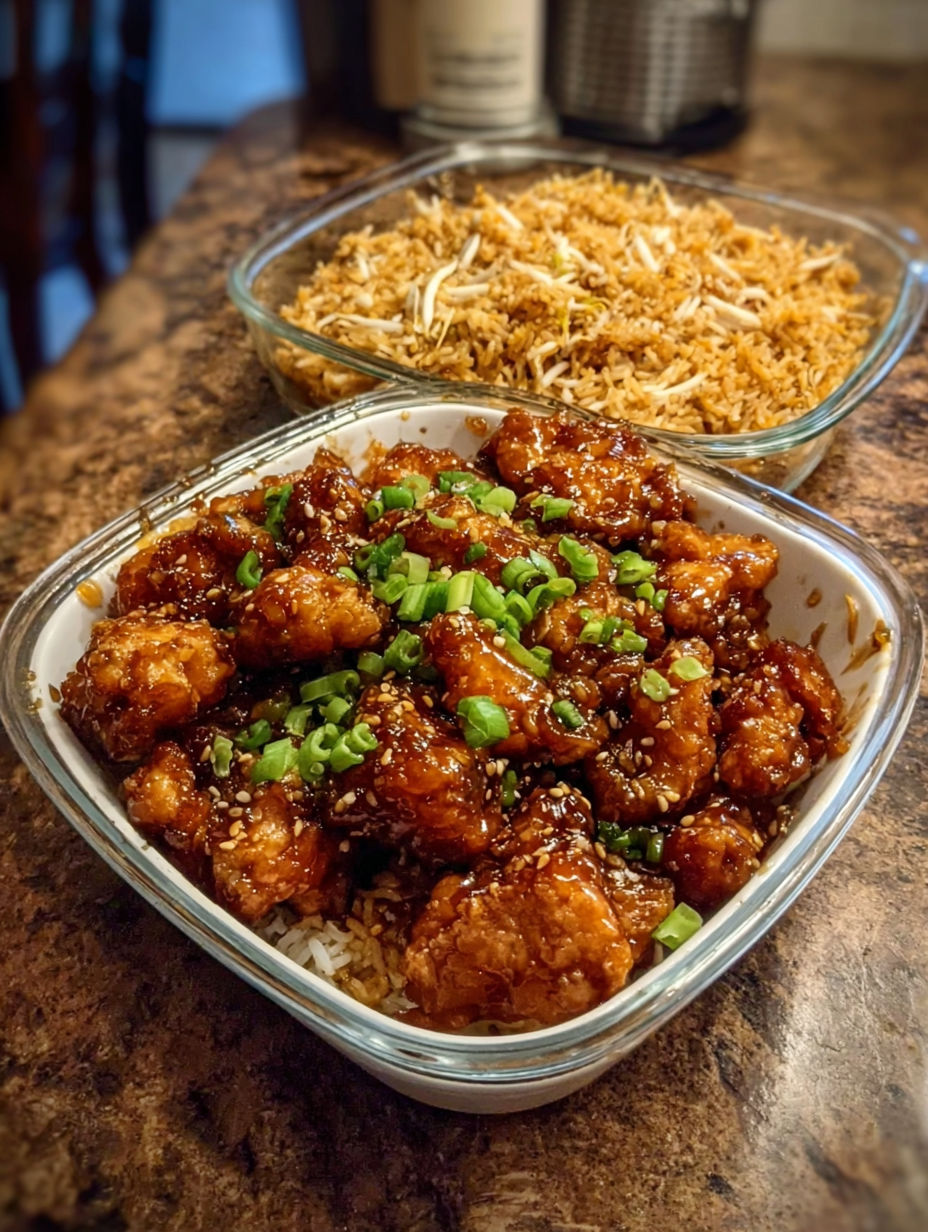 A dish of homemade sticky chicken and fried rice.