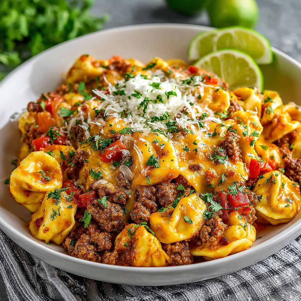 A bowl of pasta with meat and cheese.