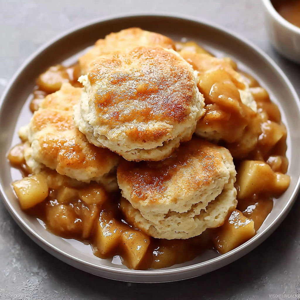 A plate of biscuits with apple sauce on top.
