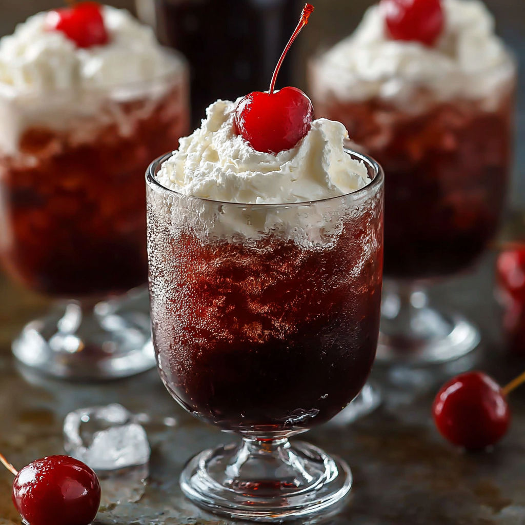 A glass of cherry rum and coke slushie.