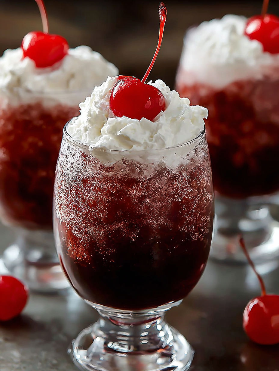 A glass of cherry rum and coke slushie.