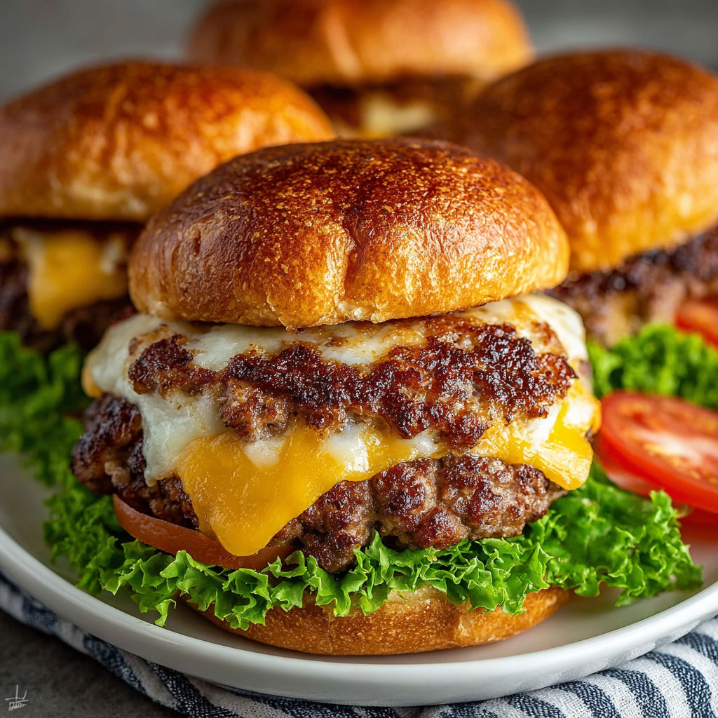 A smash burger with cheese and tomato.